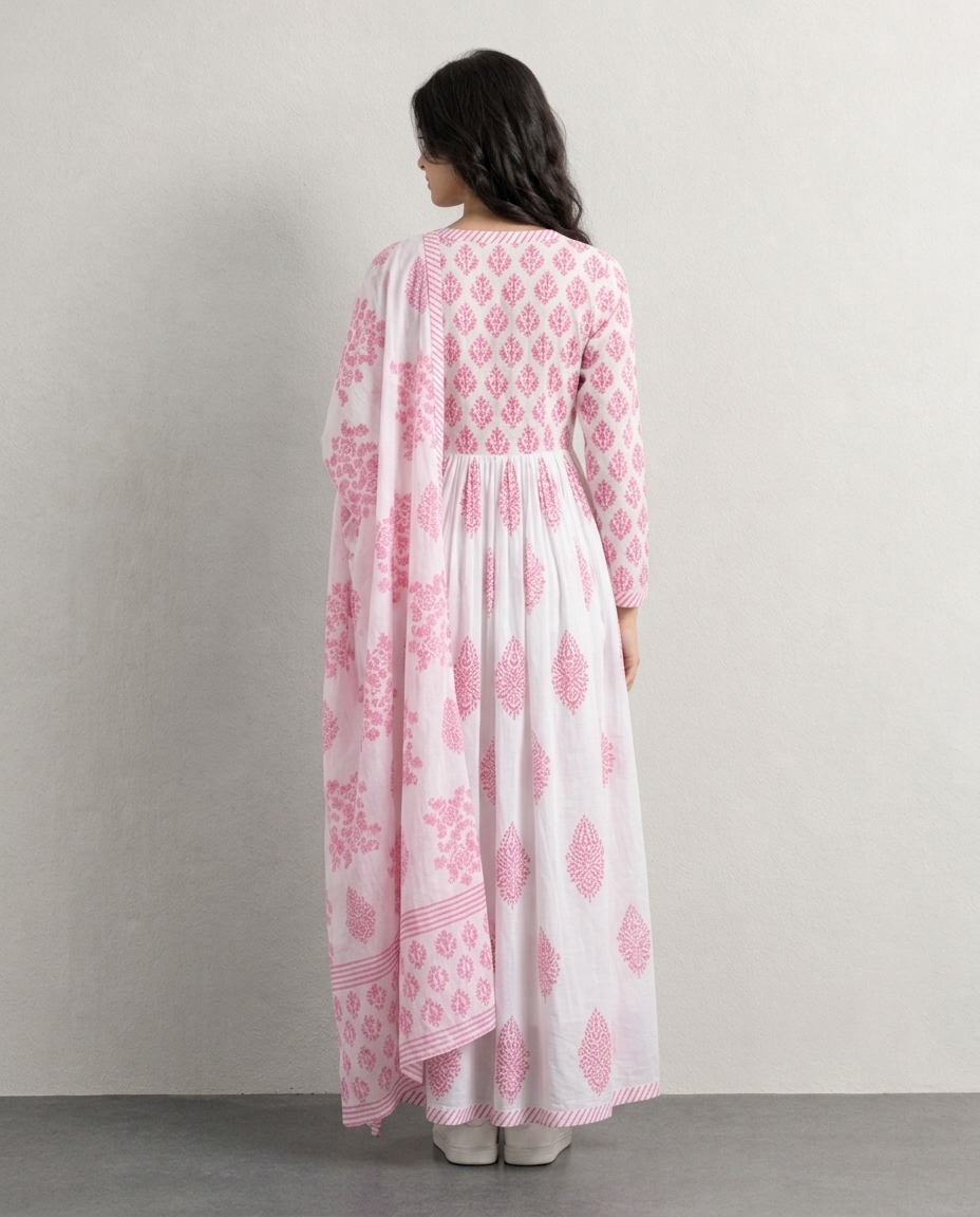 Pink Floral Anarkali Kurti with Dupatta
