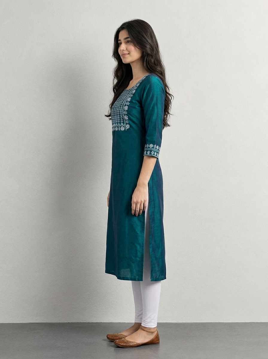 Green Embroidered Straight Kurti for Women