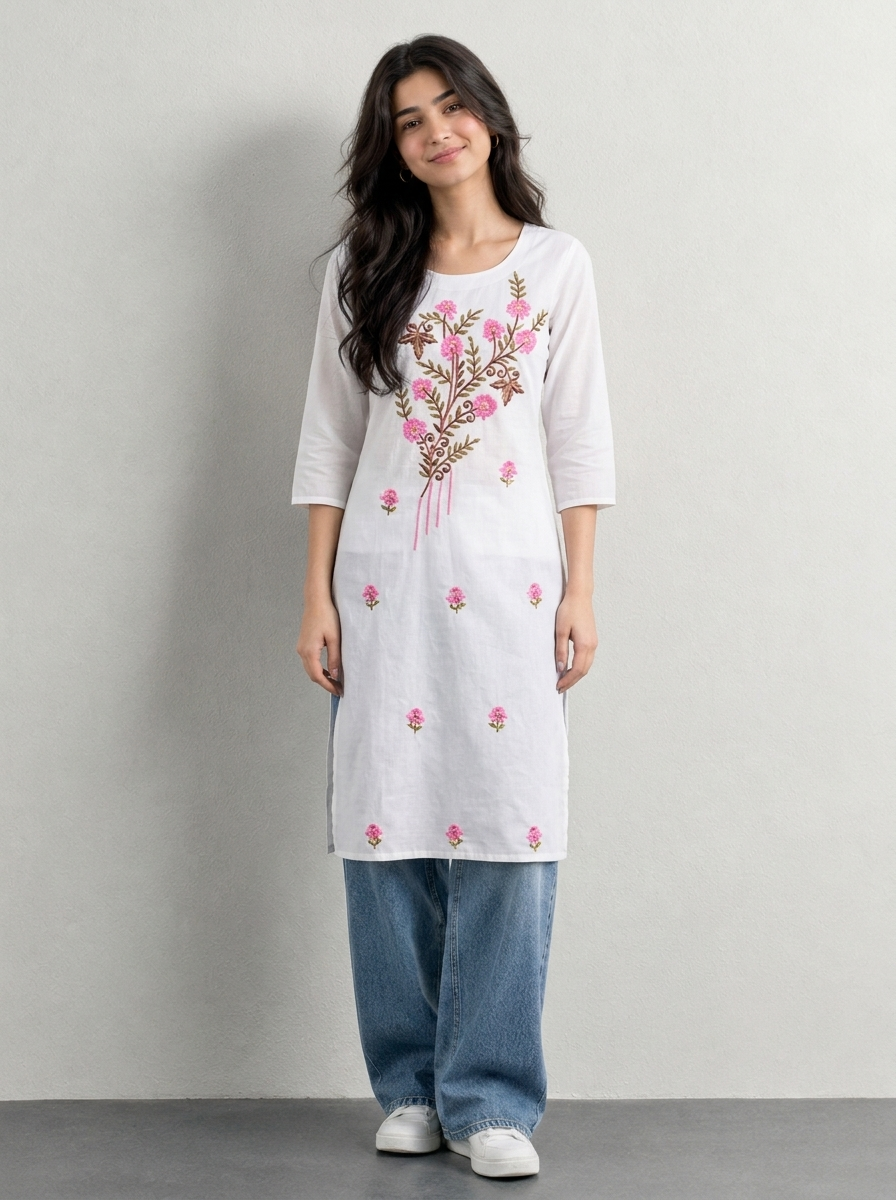 White Embroidered Khadi Cotton Kurti for Women