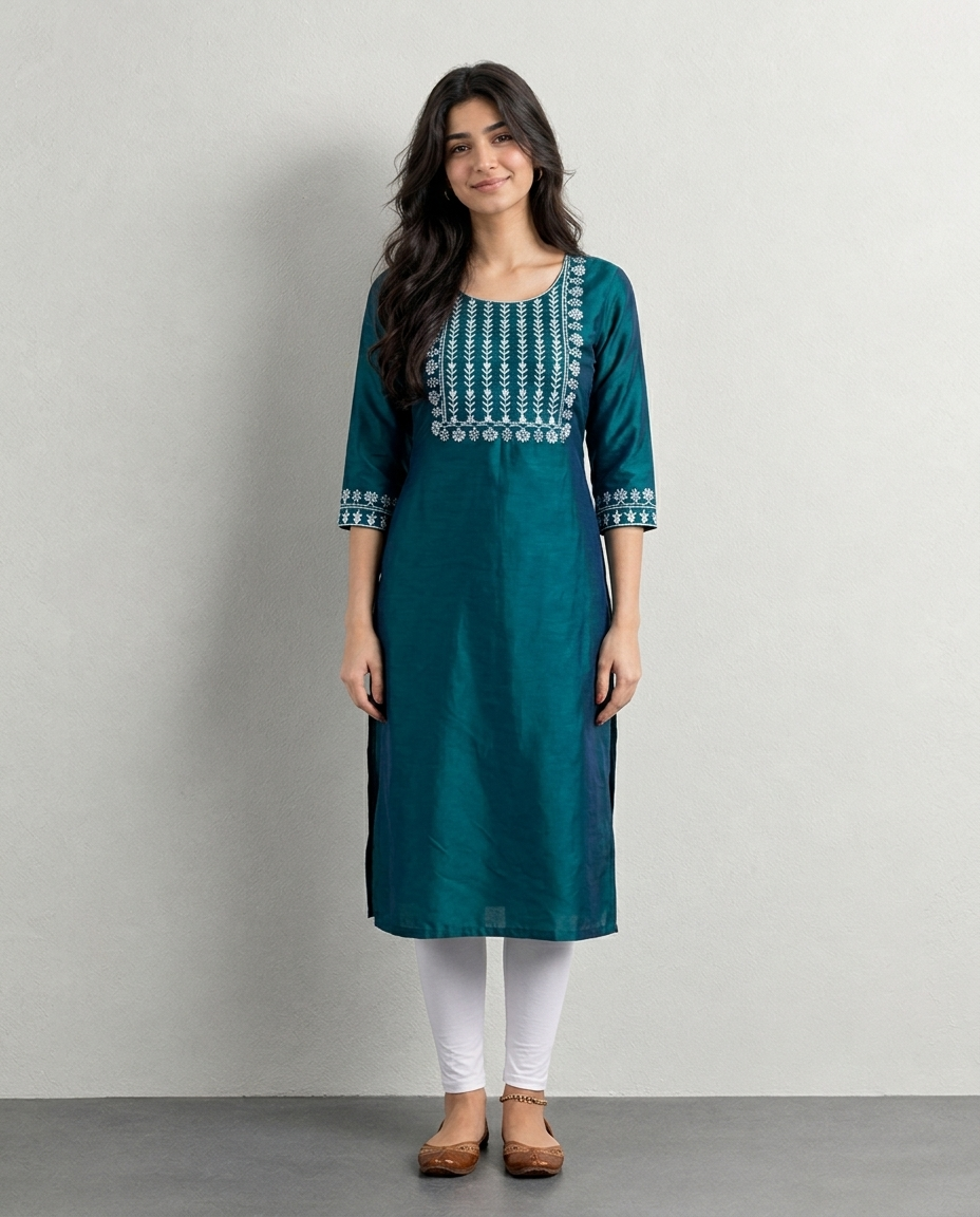 Green Embroidered Straight Kurti for Women