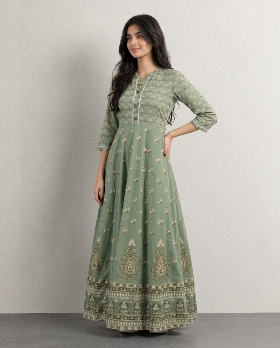 Mint Green Floral Anarkali Kurti for Women