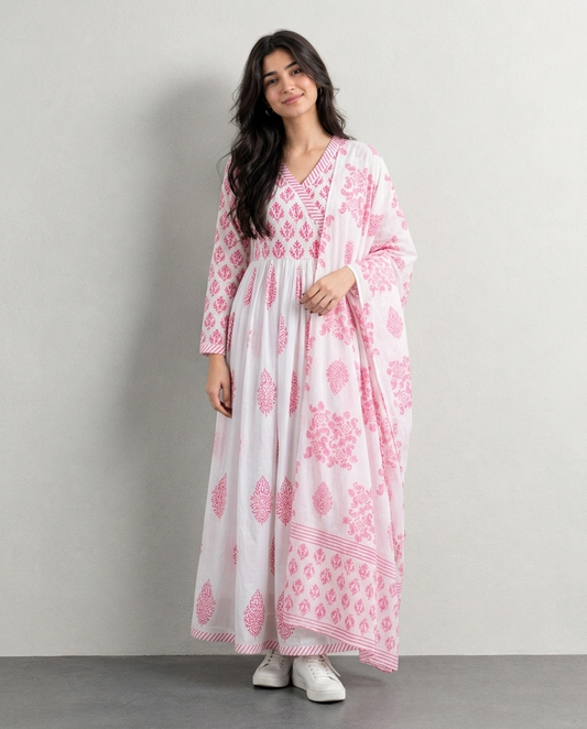 Pink Floral Anarkali Kurti with Dupatta