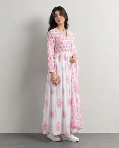 Pink Floral Anarkali Kurti with Dupatta