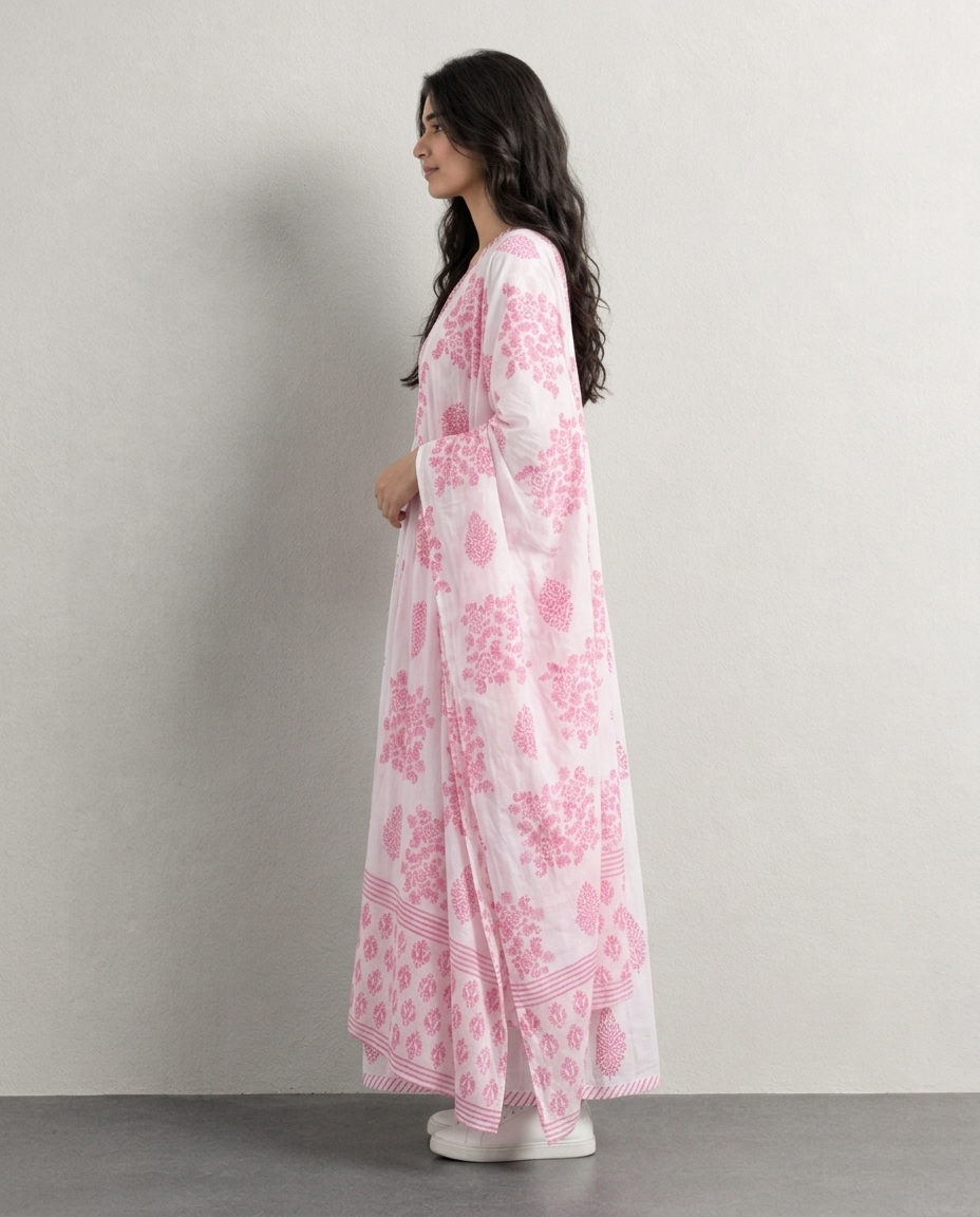 Pink Floral Anarkali Kurti with Dupatta