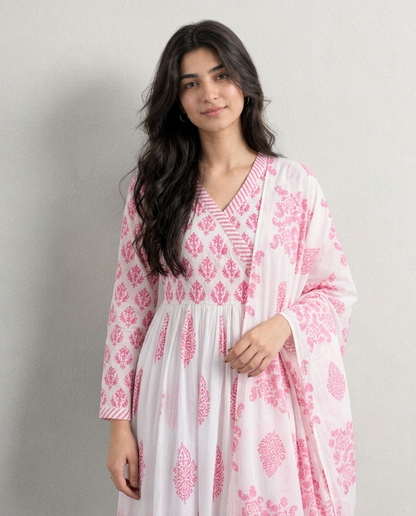 Pink Floral Anarkali Kurti with Dupatta