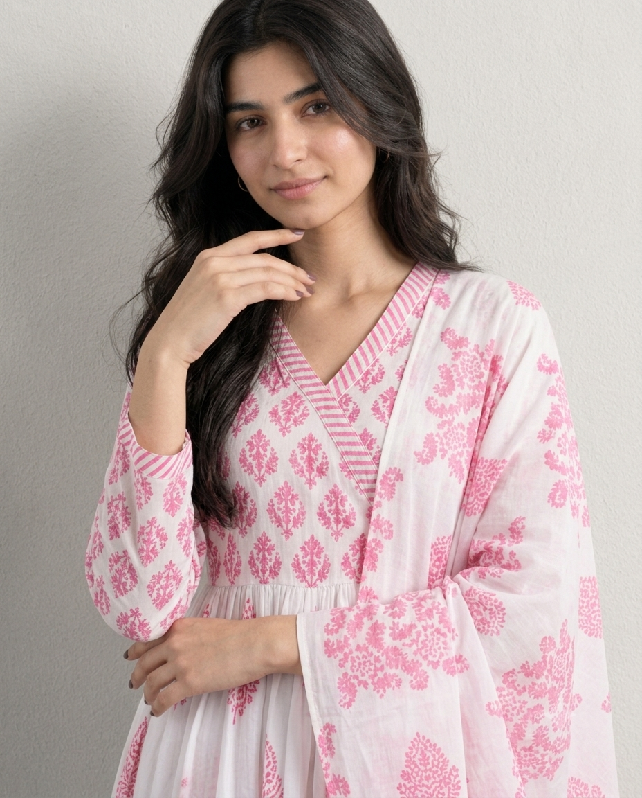 Pink Floral Anarkali Kurti with Dupatta