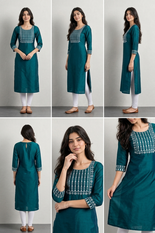 Green Embroidered Straight Kurti for Women