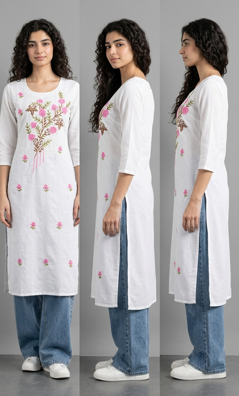 White Embroidered Khadi Cotton Kurti for Women