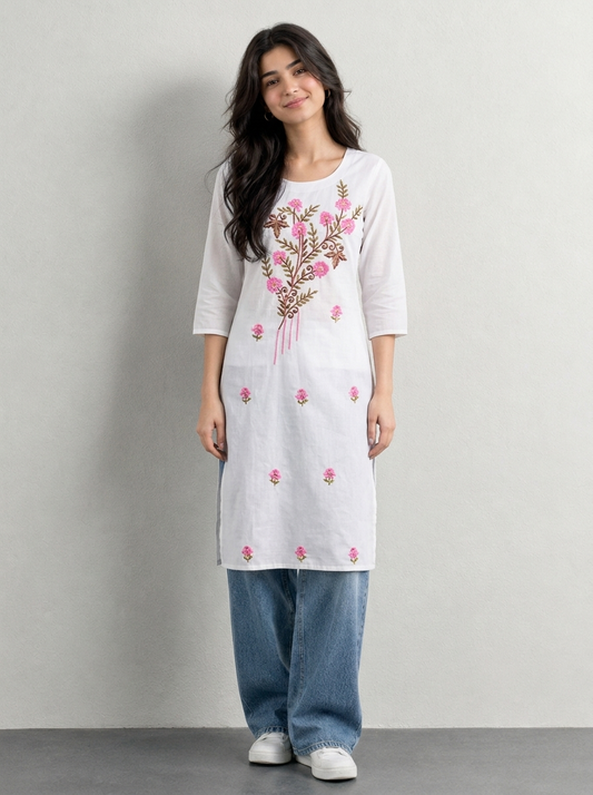 White Embroidered Khadi Cotton Kurti for Women