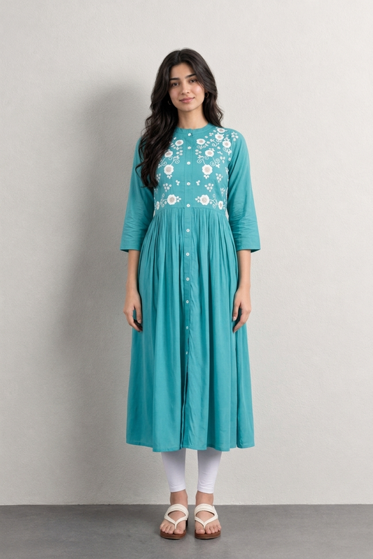 Aqua Blue Embroidered Rayon Kurti for Women