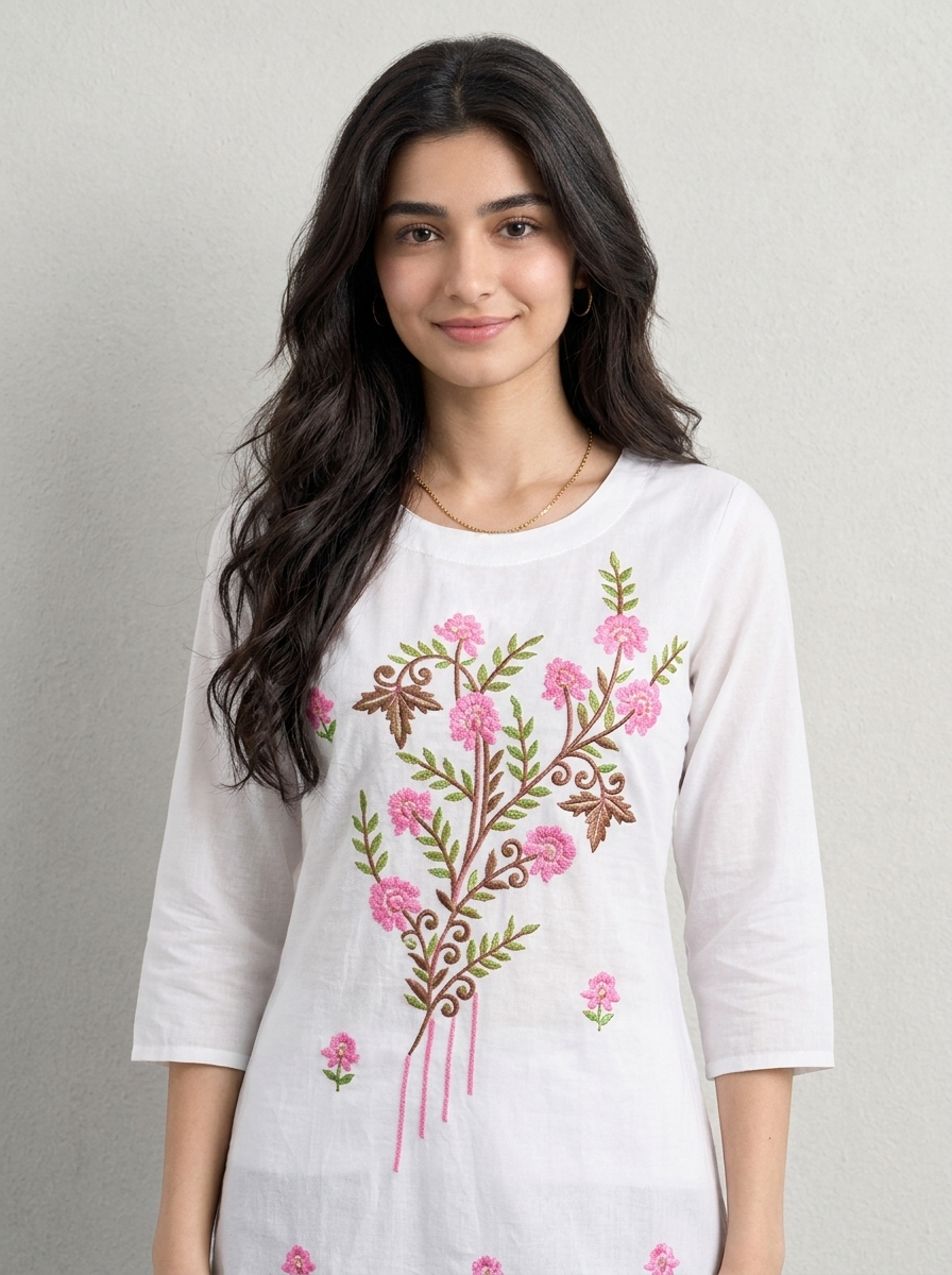 White Embroidered Khadi Cotton Kurti for Women
