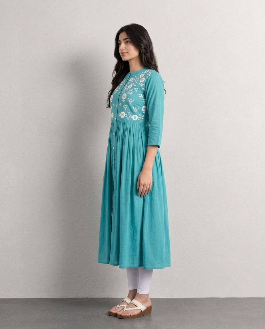 Aqua Blue Embroidered Rayon Kurti for Women