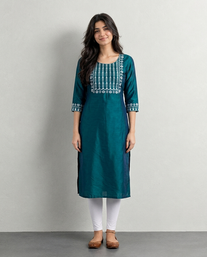 Green Embroidered Straight Kurti for Women