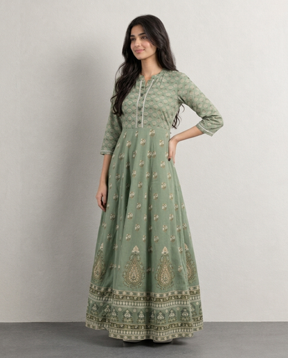 Mint Green Floral Anarkali Kurti for Women