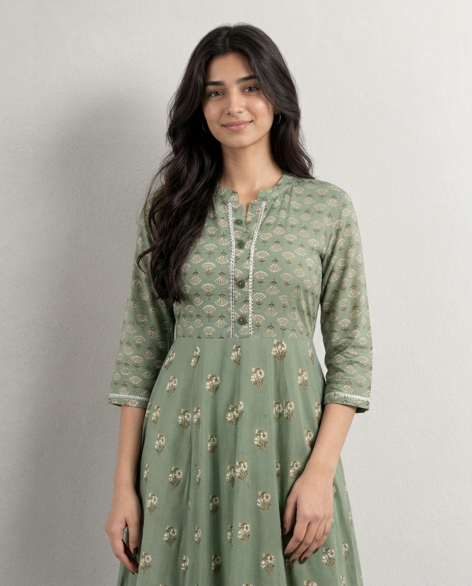 Mint Green Floral Anarkali Kurti for Women