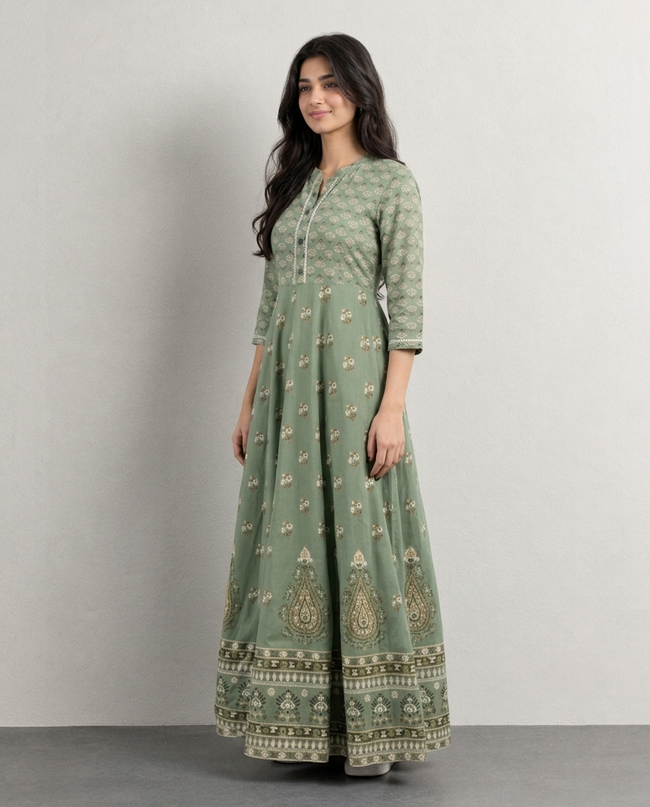 Mint Green Floral Anarkali Kurti for Women