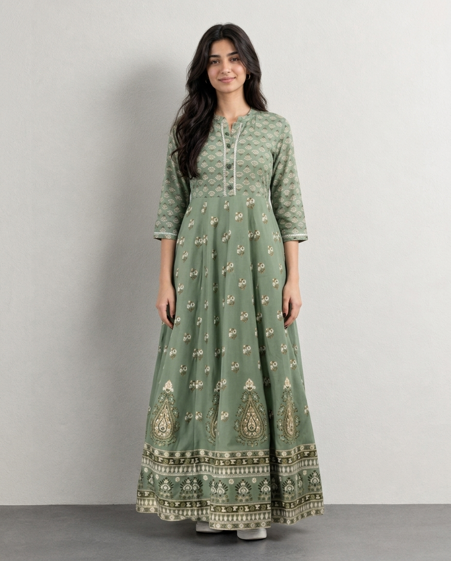 Mint Green Floral Anarkali Kurti for Women