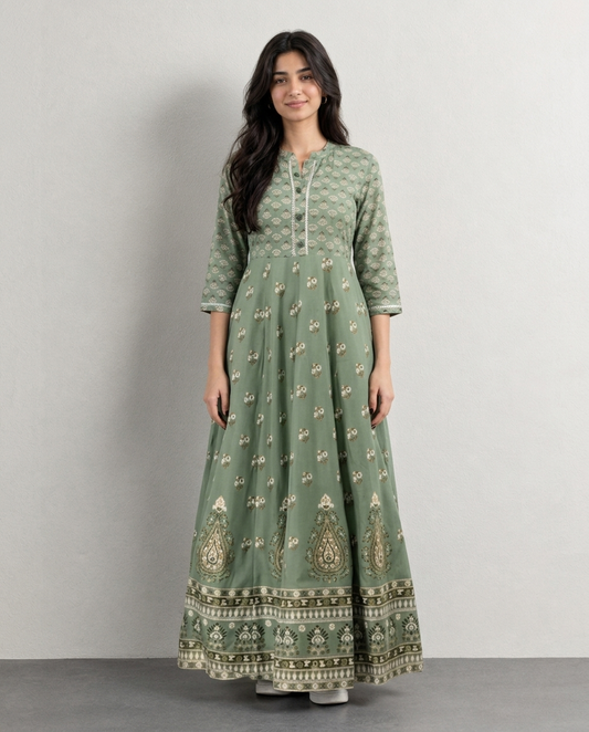 Mint Green Floral Anarkali Kurti for Women